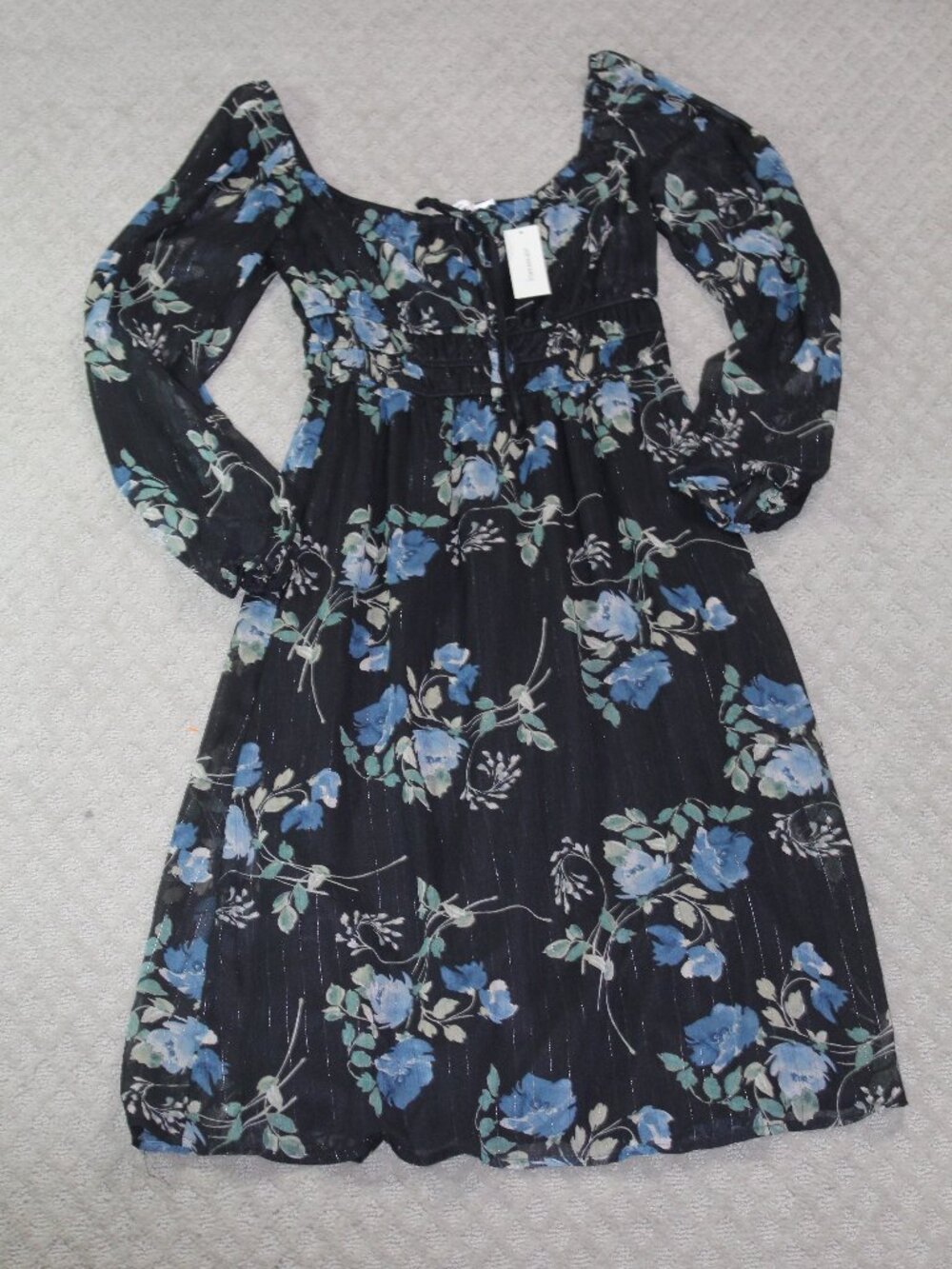NWT mi ami Size XS Black Blue Floral Metallic Stripe Lined Flowy Dress
